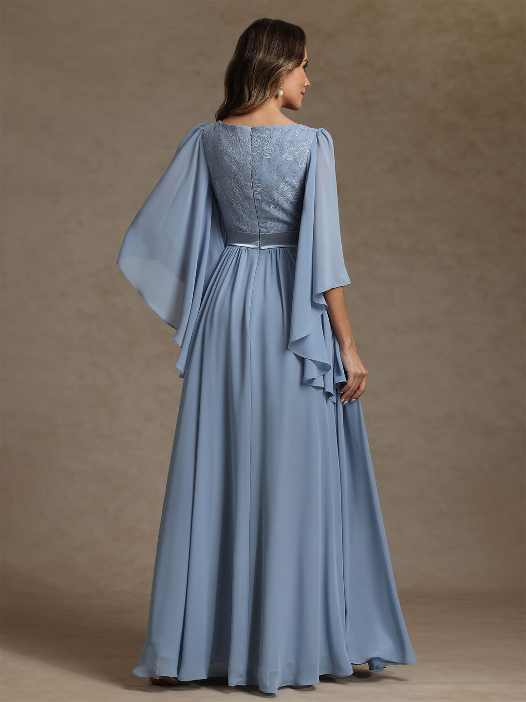 A-Line/Princess V-Neck Chiffon Exclusive Mother of the Bride Dresses Lace Floor-Length 3/4 Sleeves Pleated