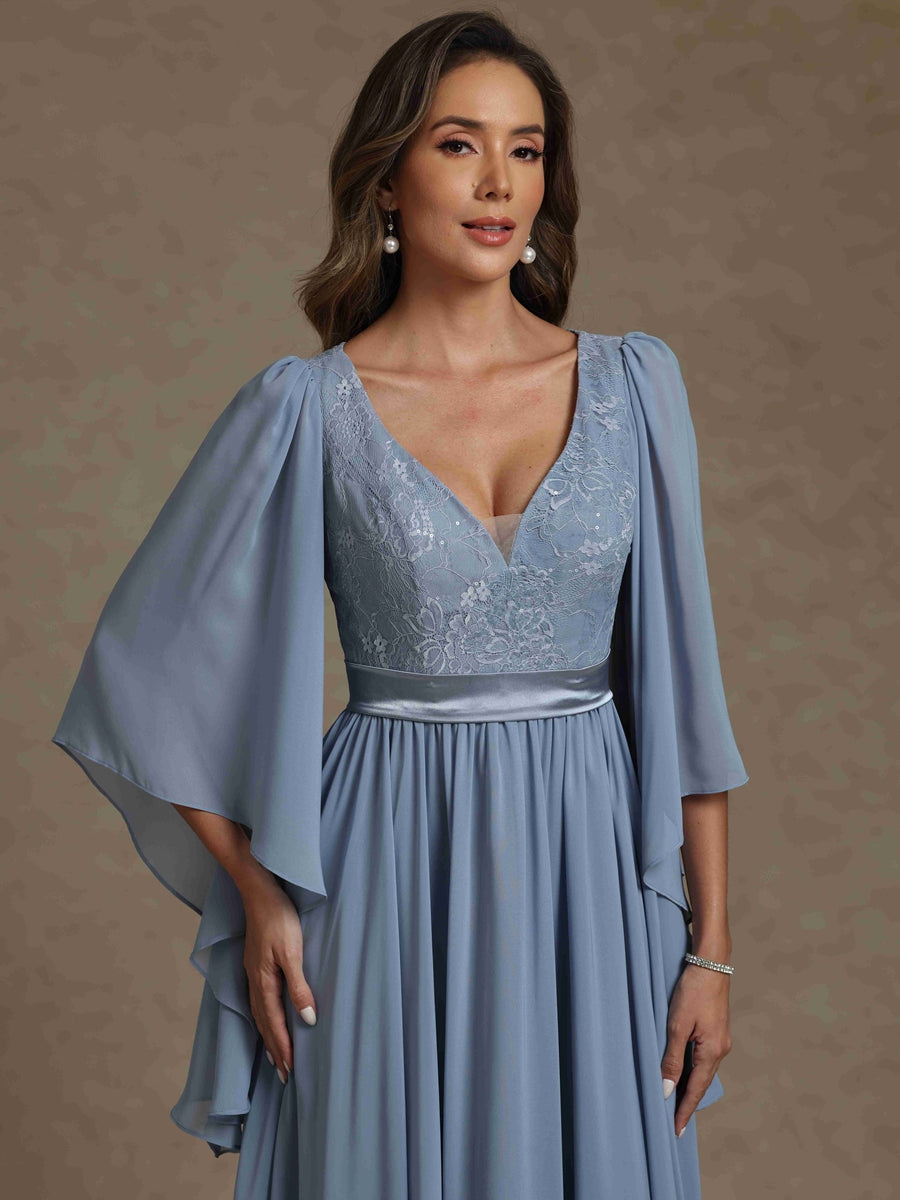 A-Line/Princess V-Neck Chiffon Exclusive Mother of the Bride Dresses Lace Floor-Length 3/4 Sleeves Pleated