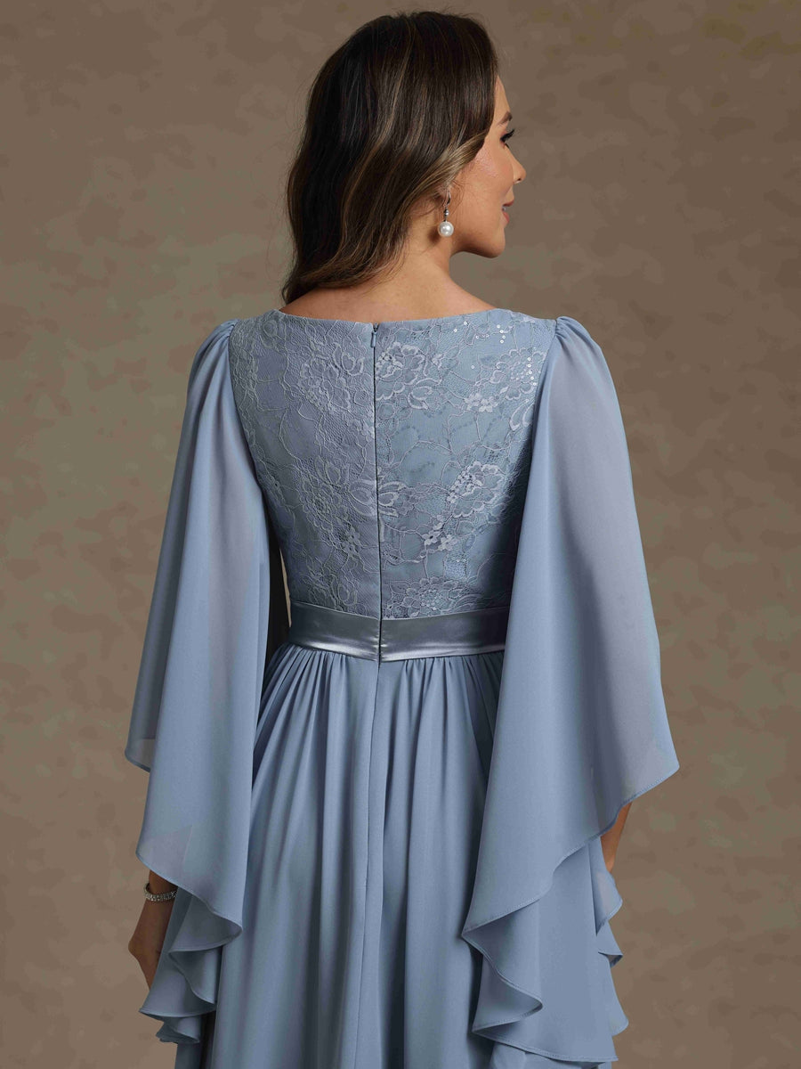 A-Line/Princess V-Neck Chiffon Exclusive Mother of the Bride Dresses Lace Floor-Length 3/4 Sleeves Pleated