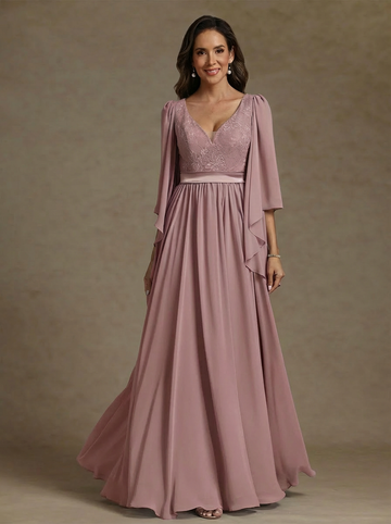 A-Line/Princess V-Neck Chiffon Exclusive Mother of the Bride Dresses Lace Floor-Length 3/4 Sleeves Pleated