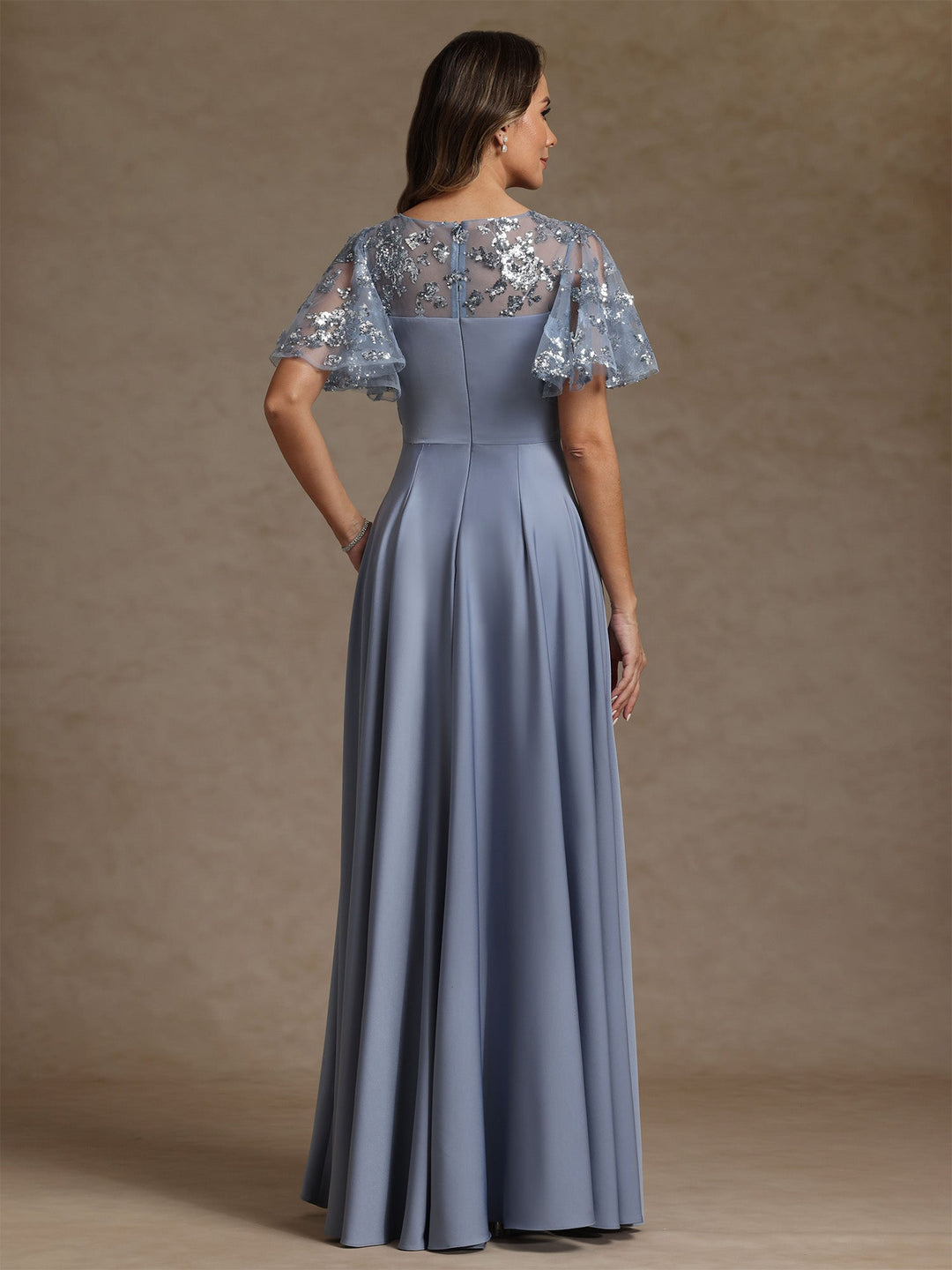 A-Line/Princess V-Neck Acetate Satin Exclusive Mother of the Bride Dresses Sequins Floor-Length Short Sleeves Ruched