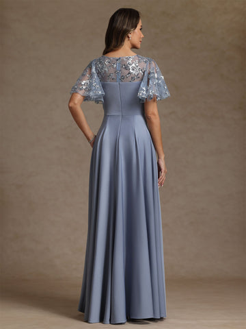 A-Line/Princess V-Neck Acetate Satin Exclusive Mother of the Bride Dresses Sequins Floor-Length Short Sleeves Ruched