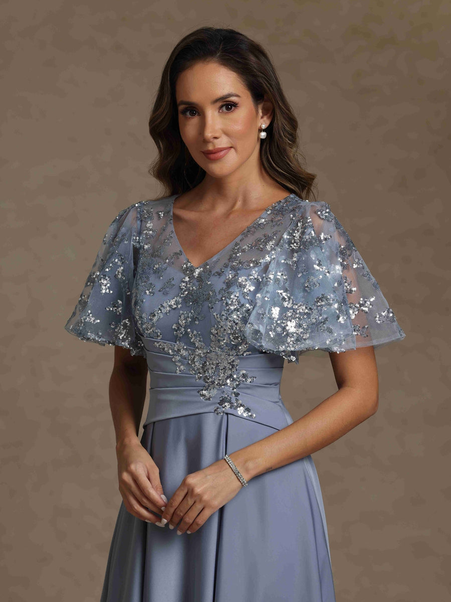 A-Line/Princess V-Neck Acetate Satin Exclusive Mother of the Bride Dresses Sequins Floor-Length Short Sleeves Ruched