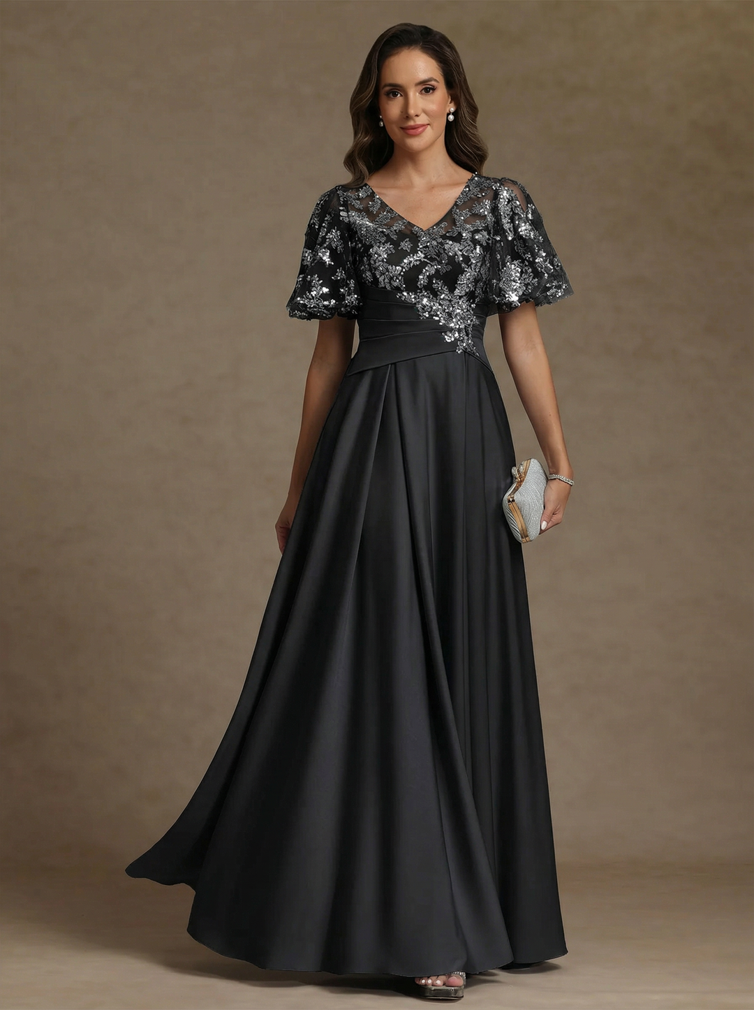 A-Line/Princess V-Neck Acetate Satin Exclusive Mother of the Bride Dresses Sequins Floor-Length Short Sleeves Ruched