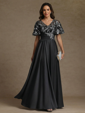A-Line/Princess V-Neck Acetate Satin Exclusive Mother of the Bride Dresses Sequins Floor-Length Short Sleeves Ruched