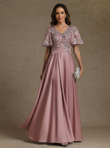A-Line/Princess V-Neck Acetate Satin Exclusive Mother of the Bride Dresses Sequins Floor-Length Short Sleeves Ruched