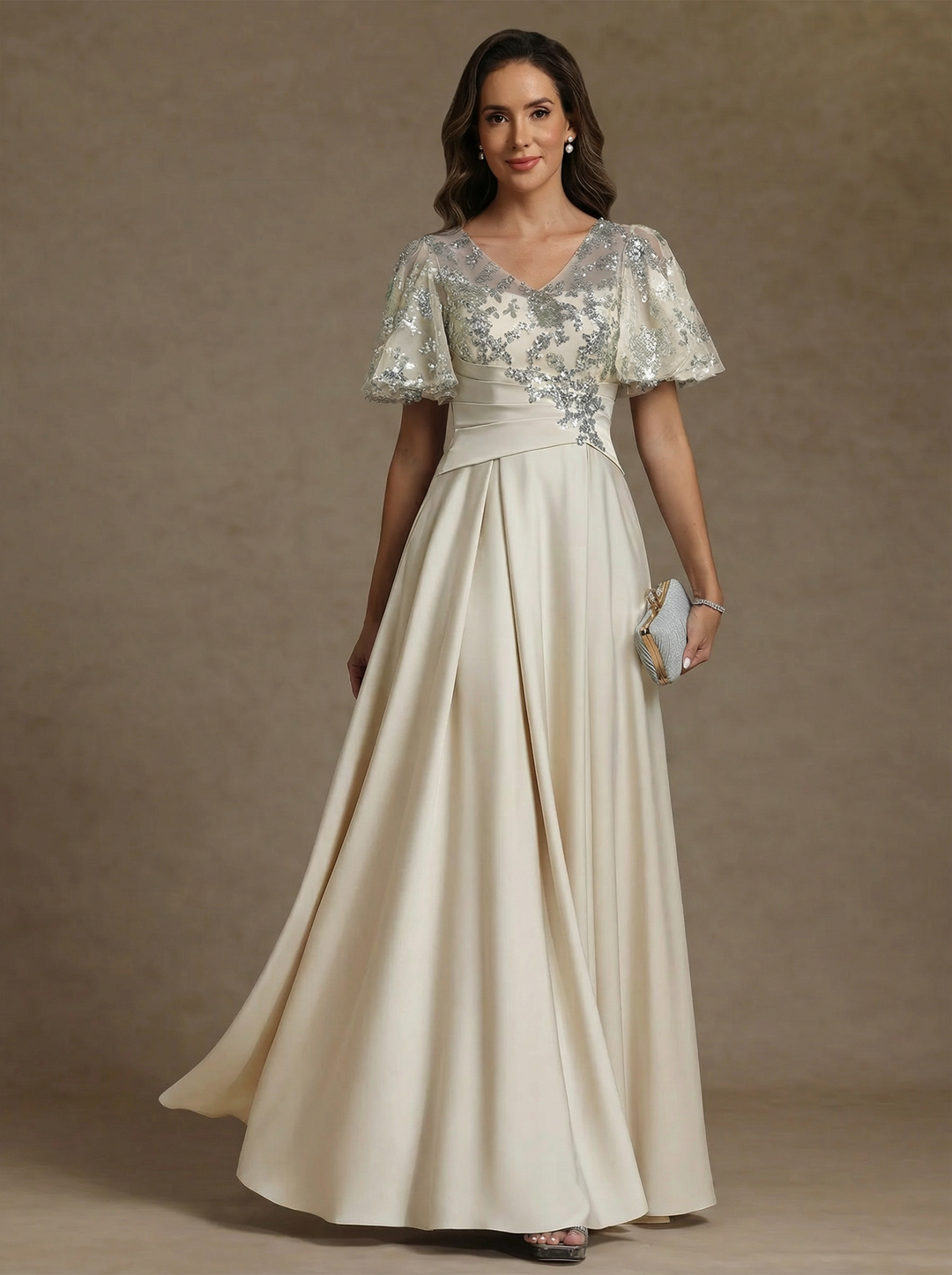 A-Line/Princess V-Neck Acetate Satin Exclusive Mother of the Bride Dresses Sequins Floor-Length Short Sleeves Ruched
