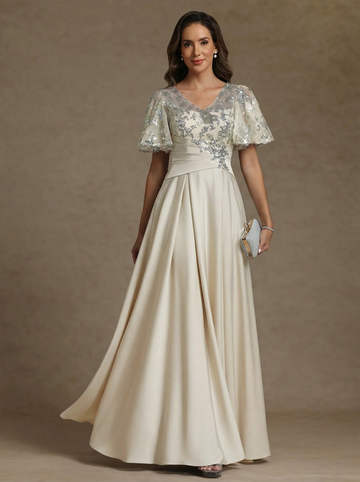 A-Line/Princess V-Neck Acetate Satin Exclusive Mother of the Bride Dresses Sequins Floor-Length Short Sleeves Ruched