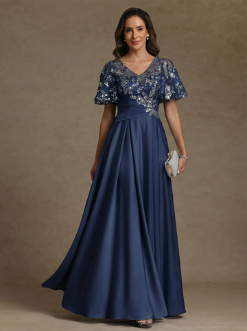A-Line/Princess V-Neck Acetate Satin Exclusive Mother of the Bride Dresses Sequins Floor-Length Short Sleeves Ruched