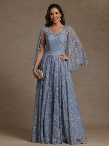 A-Line/Princess V-Neck Chiffon Exclusive Mother of the Bride Dresses Lace Floor-Length Cape Sleeves Floral