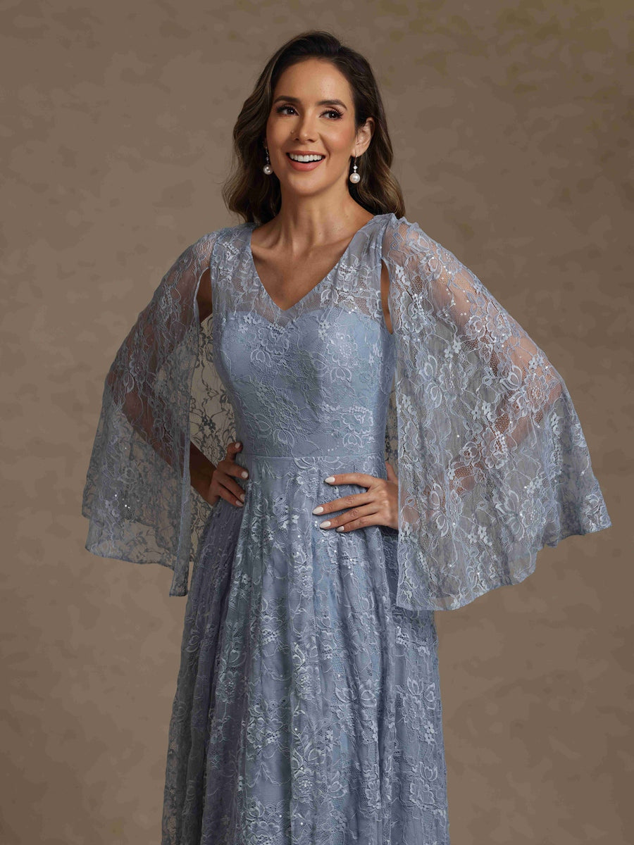 A-Line/Princess V-Neck Chiffon Exclusive Mother of the Bride Dresses Lace Floor-Length Cape Sleeves Floral
