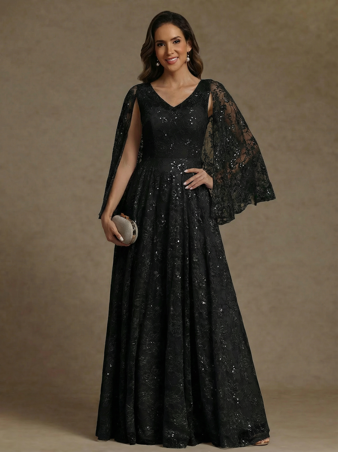 A-Line/Princess V-Neck Chiffon Exclusive Mother of the Bride Dresses Lace Floor-Length Cape Sleeves Floral