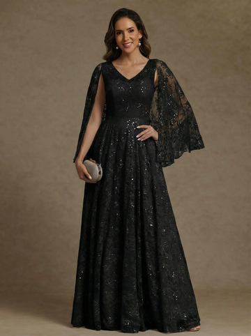 A-Line/Princess V-Neck Chiffon Exclusive Mother of the Bride Dresses Lace Floor-Length Cape Sleeves Floral