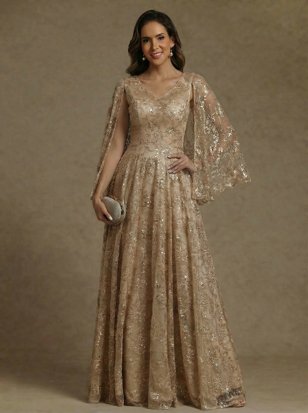 A-Line/Princess V-Neck Chiffon Exclusive Mother of the Bride Dresses Lace Floor-Length Cape Sleeves Floral