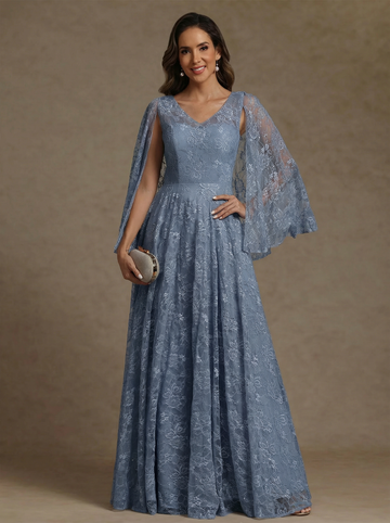 A-Line/Princess V-Neck Chiffon Exclusive Mother of the Bride Dresses Lace Floor-Length Cape Sleeves Floral