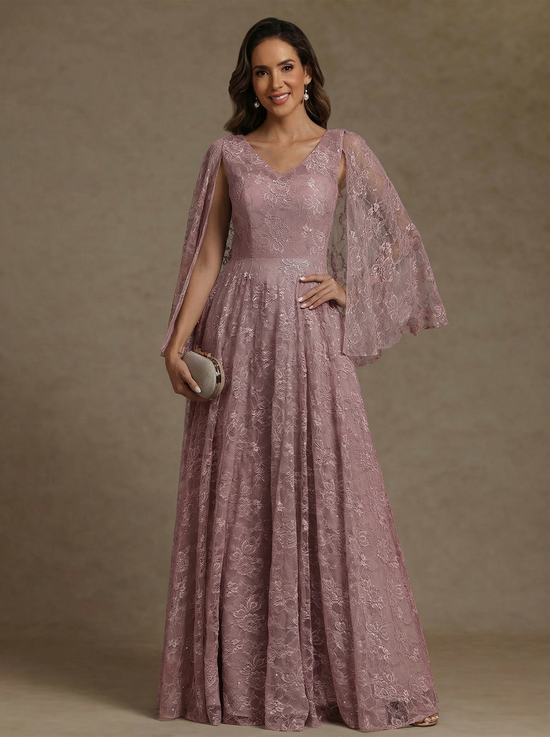 A-Line/Princess V-Neck Chiffon Exclusive Mother of the Bride Dresses Lace Floor-Length Cape Sleeves Floral