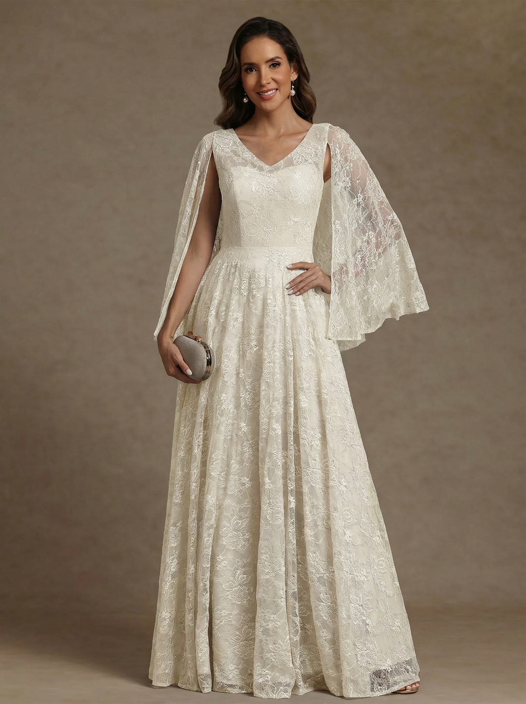 A-Line/Princess V-Neck Chiffon Exclusive Mother of the Bride Dresses Lace Floor-Length Cape Sleeves Floral