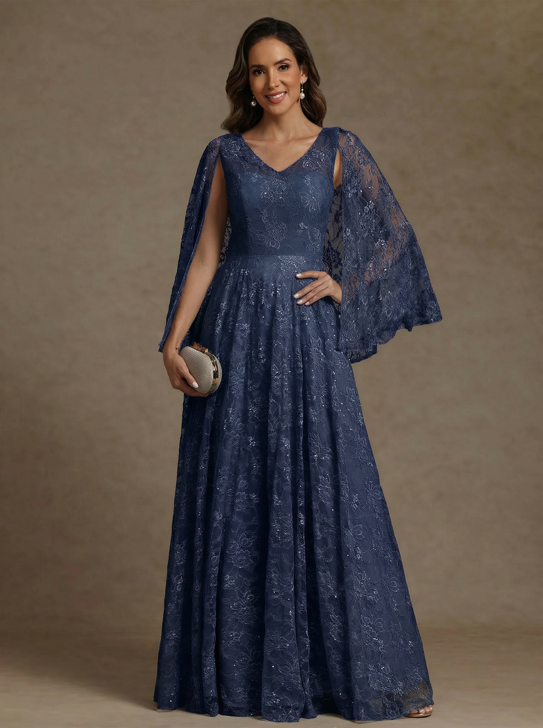 A-Line/Princess V-Neck Chiffon Exclusive Mother of the Bride Dresses Lace Floor-Length Cape Sleeves Floral