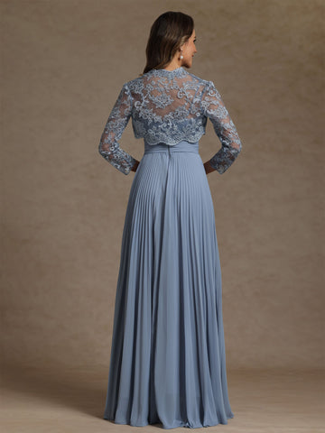 Sheath/Column Sweetheart Chiffon Exclusive Mother of the Bride Dresses with Jacket Floor-Length Lace Pleated Long Sleeves