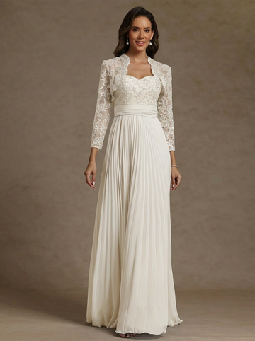Sheath/Column Sweetheart Chiffon Exclusive Mother of the Bride Dresses with Jacket Floor-Length Lace Pleated Long Sleeves