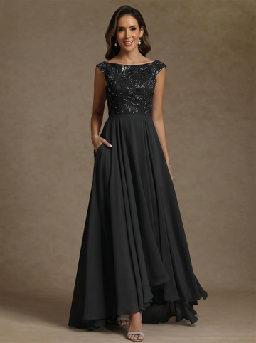 A-Line/Princess Scoop Chiffon Exclusive Mother of the Bride Dresses Lace Sequins Floor-Length Sleeveless Pleated