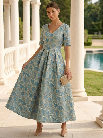 A-Line/Princess V-Neck Mother of the Bride Dresses Floral Jacquard Short Sleeves Ankle-Length