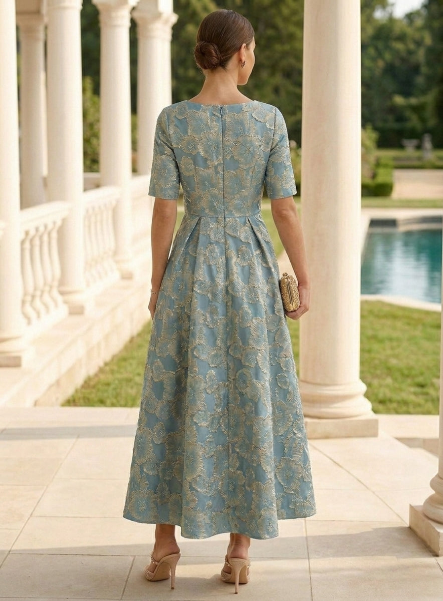 A-Line/Princess V-Neck Mother of the Bride Dresses Floral Jacquard Short Sleeves Ankle-Length