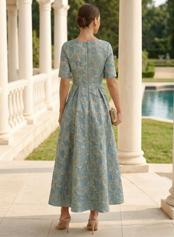 A-Line/Princess V-Neck Mother of the Bride Dresses Floral Jacquard Short Sleeves Ankle-Length
