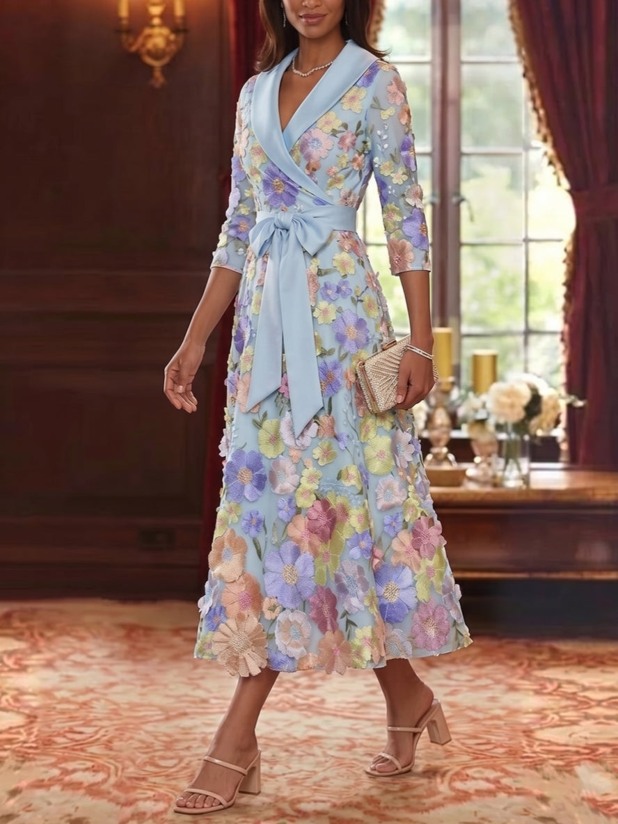 A-Line/Princess V-Neck Satin Mother of The Bride Dresses 3/4 Sleeves Lace Floral Tea-Length Bowknot