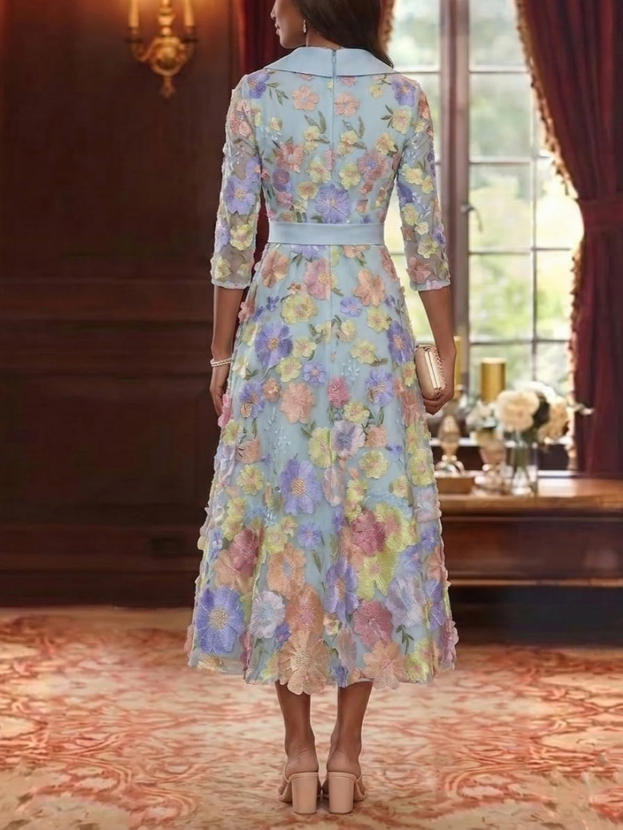 A-Line/Princess V-Neck Satin Mother of The Bride Dresses 3/4 Sleeves Lace Floral Tea-Length Bowknot