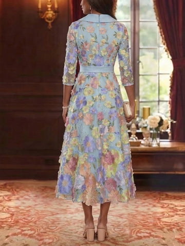 A-Line/Princess V-Neck Satin Mother of The Bride Dresses 3/4 Sleeves Lace Floral Tea-Length Bowknot