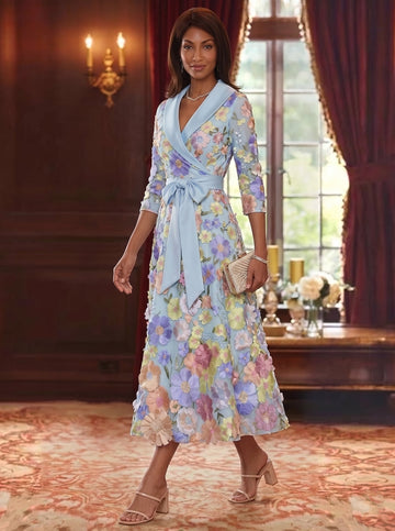 A-Line/Princess V-Neck Satin Mother of The Bride Dresses 3/4 Sleeves Lace Floral Tea-Length Bowknot