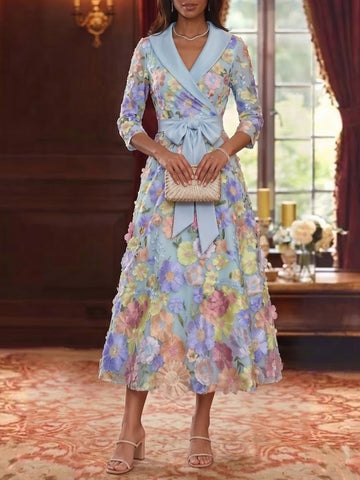 A-Line/Princess V-Neck Satin Mother of The Bride Dresses 3/4 Sleeves Lace Floral Tea-Length Bowknot