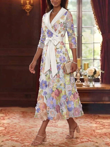 A-Line/Princess V-Neck Satin Mother of The Bride Dresses 3/4 Sleeves Lace Floral Tea-Length Bowknot