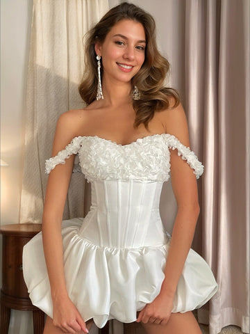 A-Line/Princess Off-the-shoulder Sleeveless Pleated Short/Mini Homecoming Dresses with 3D Flowers