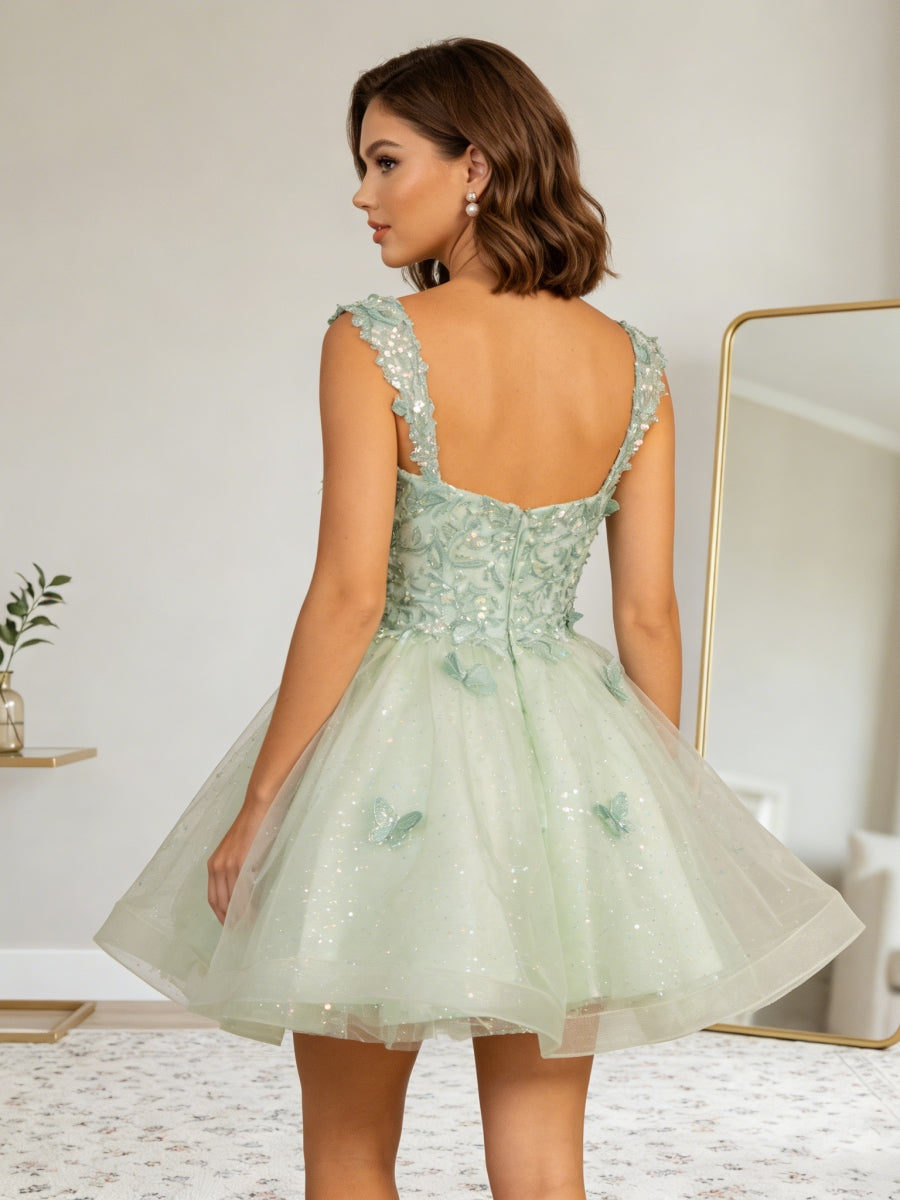A-Line/Princess Sweetheart Tulle Homecoming Dresses with 3D Butterfly Short/Mini Sleeveless Sequins