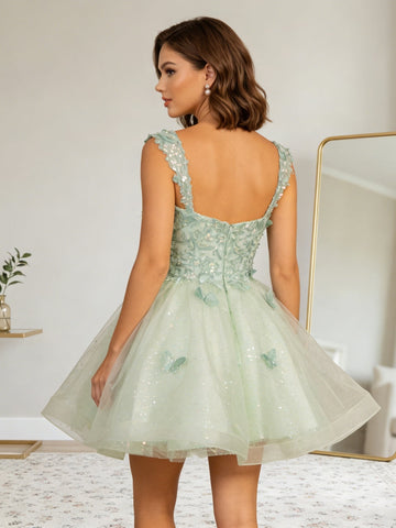 A-Line/Princess Sweetheart Tulle Homecoming Dresses with 3D Butterfly Short/Mini Sleeveless Sequins