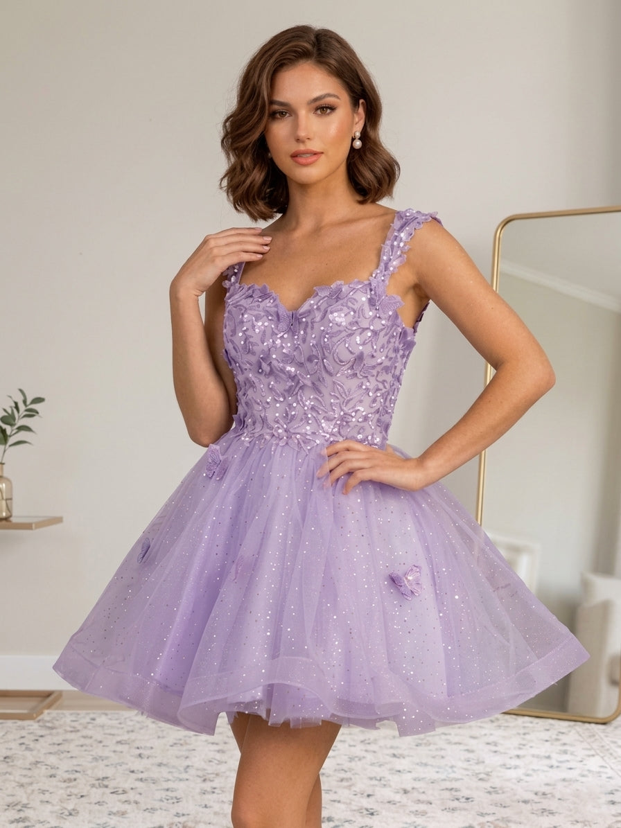 A-Line/Princess Sweetheart Tulle Homecoming Dresses with 3D Butterfly Short/Mini Sleeveless Sequins