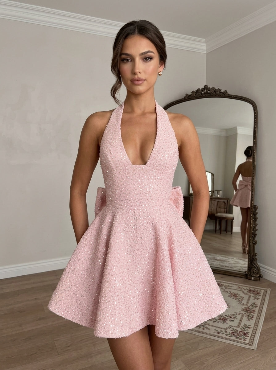 A-Line/Princess Halter Sequins Homecoming Dresses with Bowknot Short/Mini Sleeveless Glitter