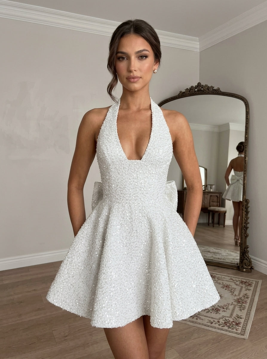 A-Line/Princess Halter Sequins Homecoming Dresses with Bowknot Short/Mini Sleeveless Glitter