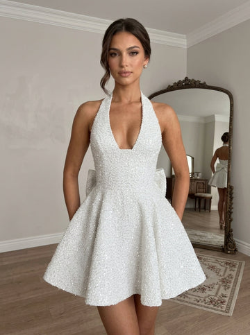 A-Line/Princess Halter Sequins Homecoming Dresses with Bowknot Short/Mini Sleeveless Glitter