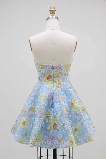A-Line/Princess Strapless Lace Homecoming Dresses Short/Mini Sleeveless Floral