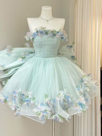 A-Line/Princess Strapless Tulle Homecoming Dresses with 3D Flower Short/Mini Sleeveless Floral Bowknot