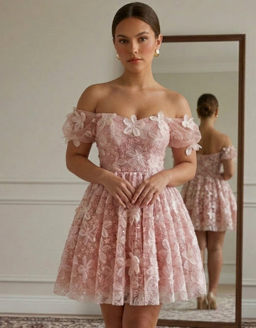 A-Line/Princess Off-the-Shoulder Embroidery Homecoming Dresses with 3D Flower Short/Mini Sleeveless Floral