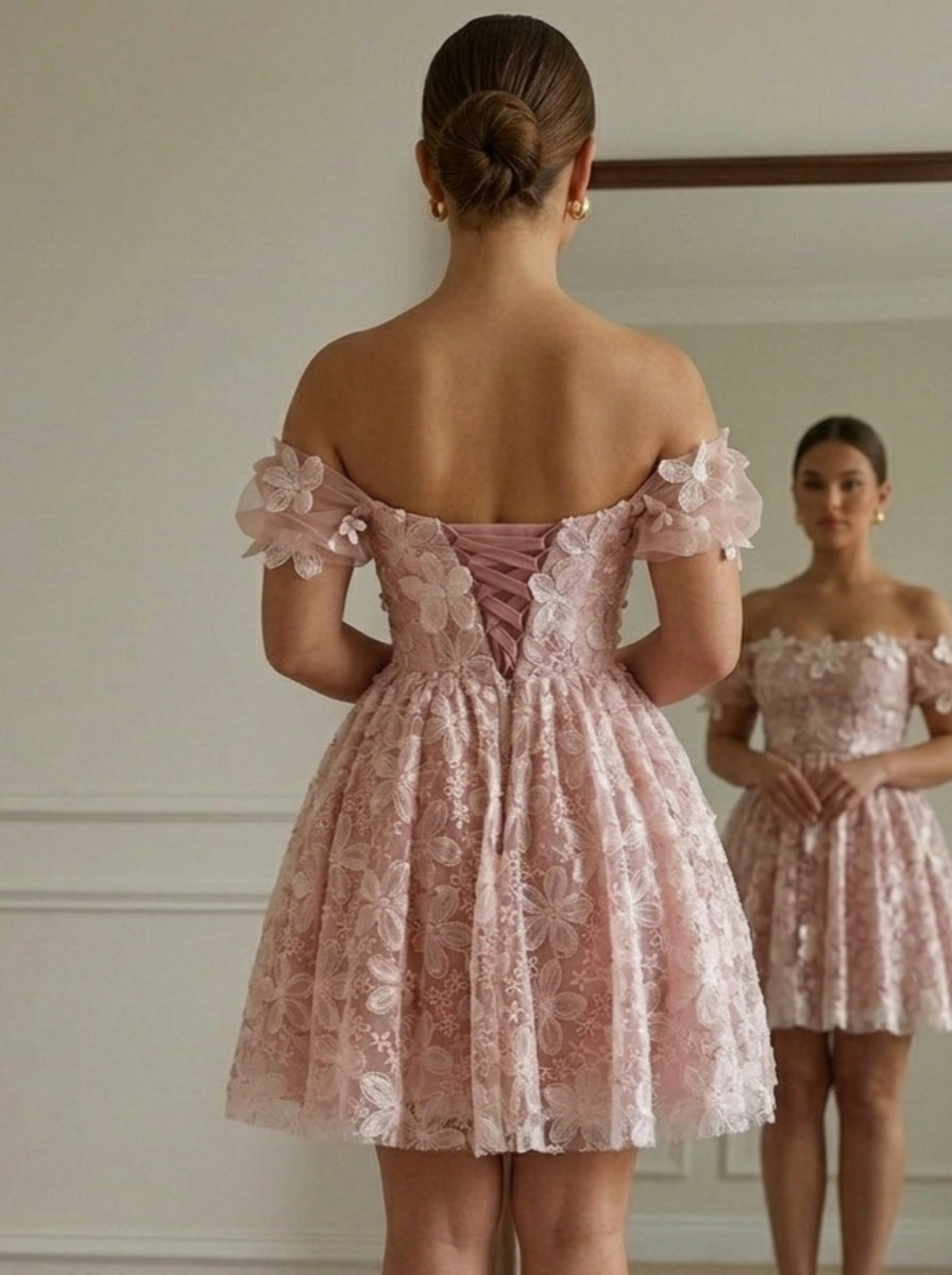 A-Line/Princess Off-the-Shoulder Embroidery Homecoming Dresses with 3D Flower Short/Mini Sleeveless Floral