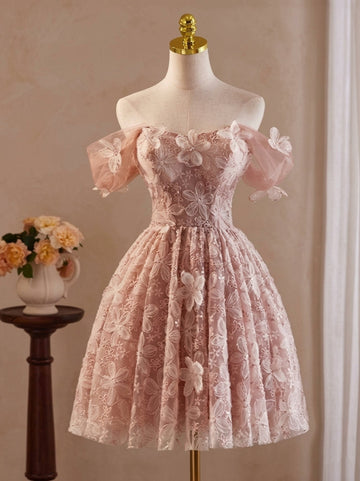 A-Line/Princess Off-the-Shoulder Embroidery Homecoming Dresses with 3D Flower Short/Mini Sleeveless Floral