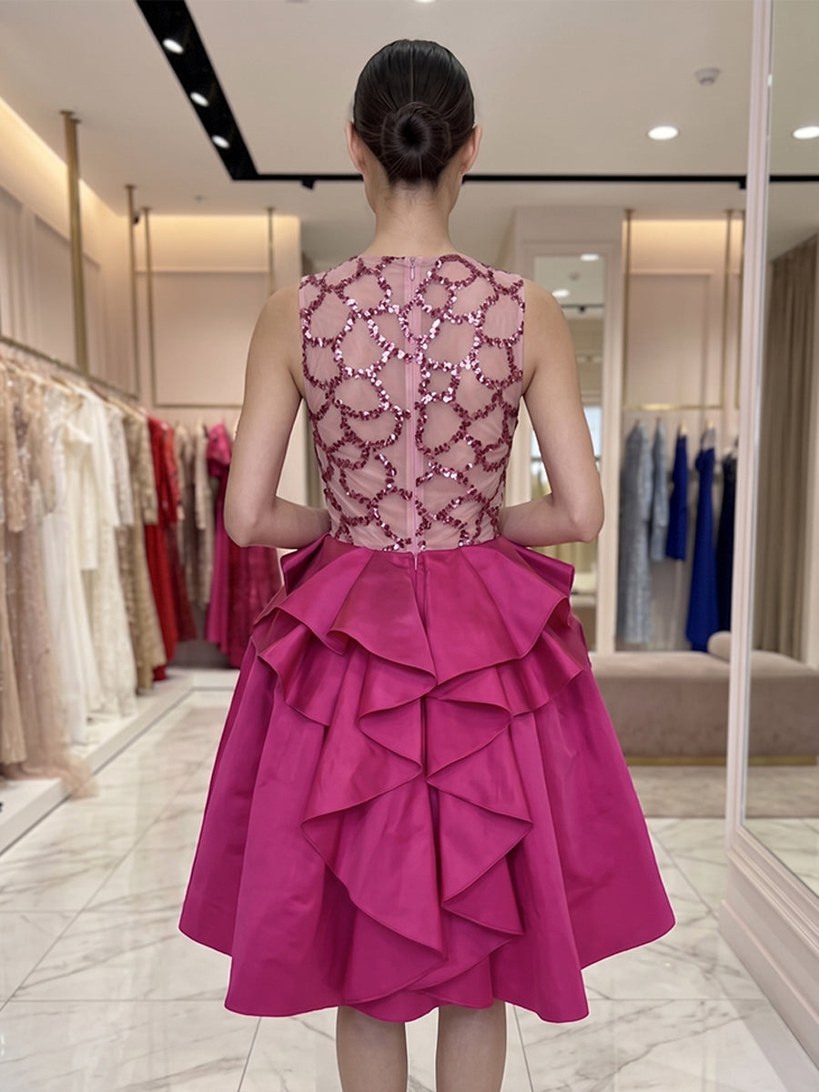 A-Line/Princess Scoop Sequins Satin Homecoming Dresses Sleeveless Knee-Length Ruffles