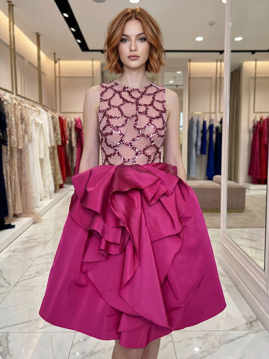 A-Line/Princess Scoop Sequins Satin Homecoming Dresses Sleeveless Knee-Length Ruffles