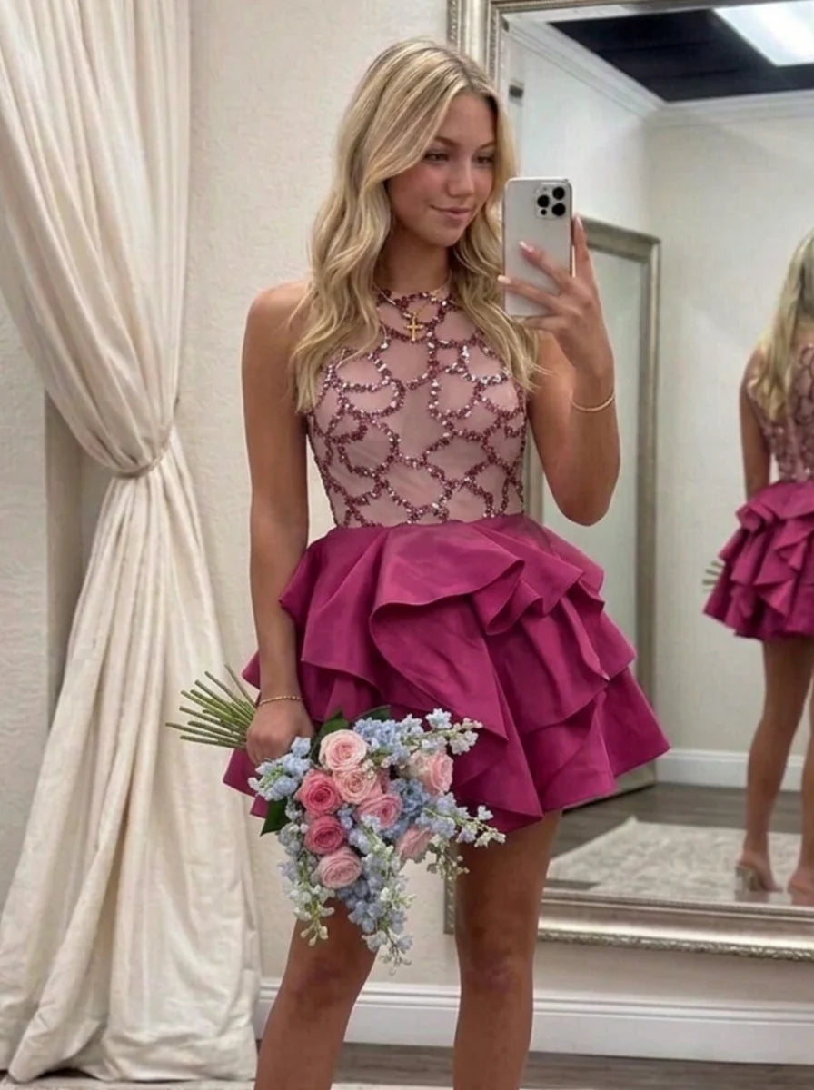 A-Line/Princess Scoop Sequins Satin Homecoming Dresses Sleeveless Knee-Length Ruffles
