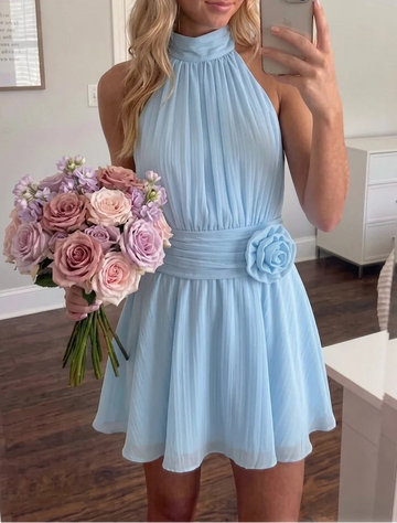 A-Line/Princess Halter Chiffon Crepe Homecoming Dresses with 3D Flower Short/Mini Sleeveless Ruched